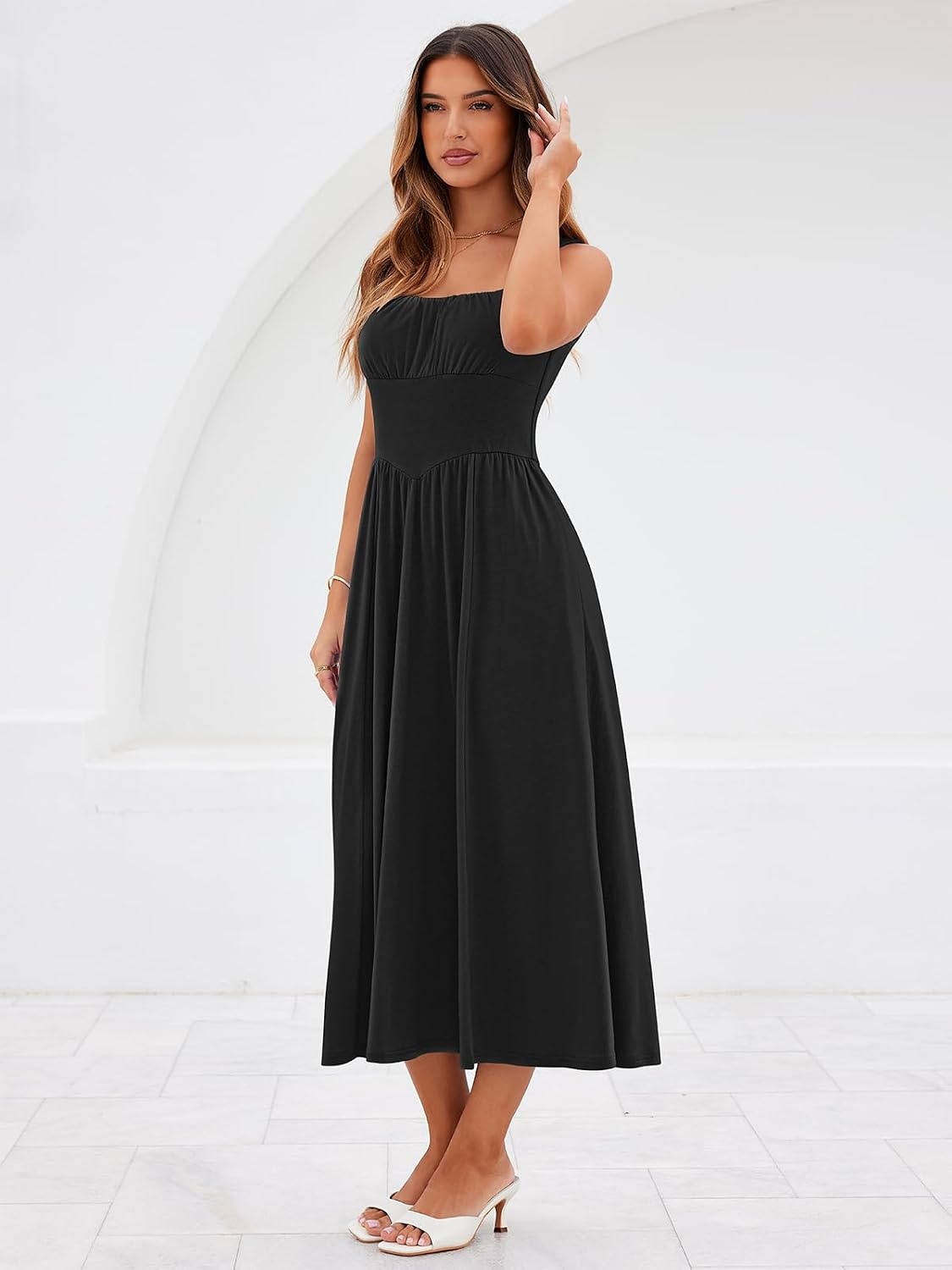 image:imageSureple Long Dresses for Women 2026 Sleeveless Ruched Bust Swing Aline Fitted Spaghetti Strap Sundress with PocketsAblack