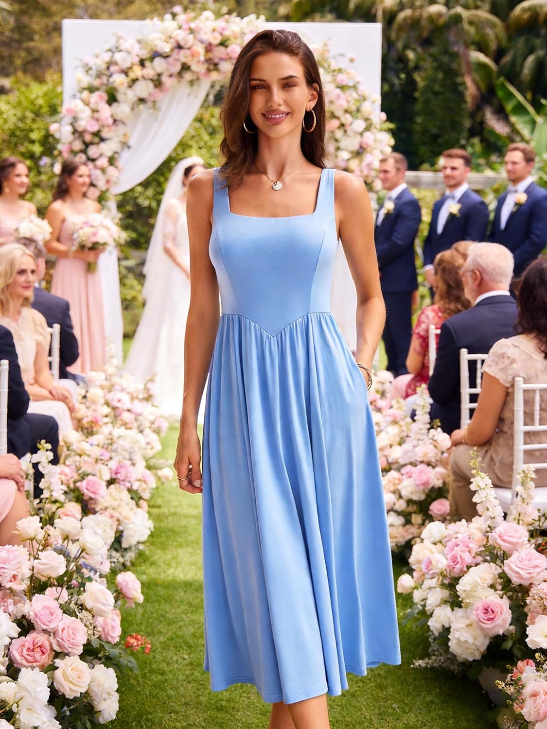 image:imageSureple Midi Dresses for Women 2026 Spring Square Neck Tank Sleeveless A Line Casual Summer Sundresses with PocketsAgray Blue