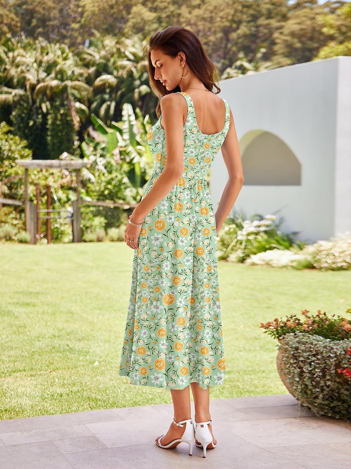image:imageSureple Midi Dresses for Women 2026 Spring Square Neck Tank Sleeveless A Line Casual Summer Sundresses with PocketsBgreen Floral 07