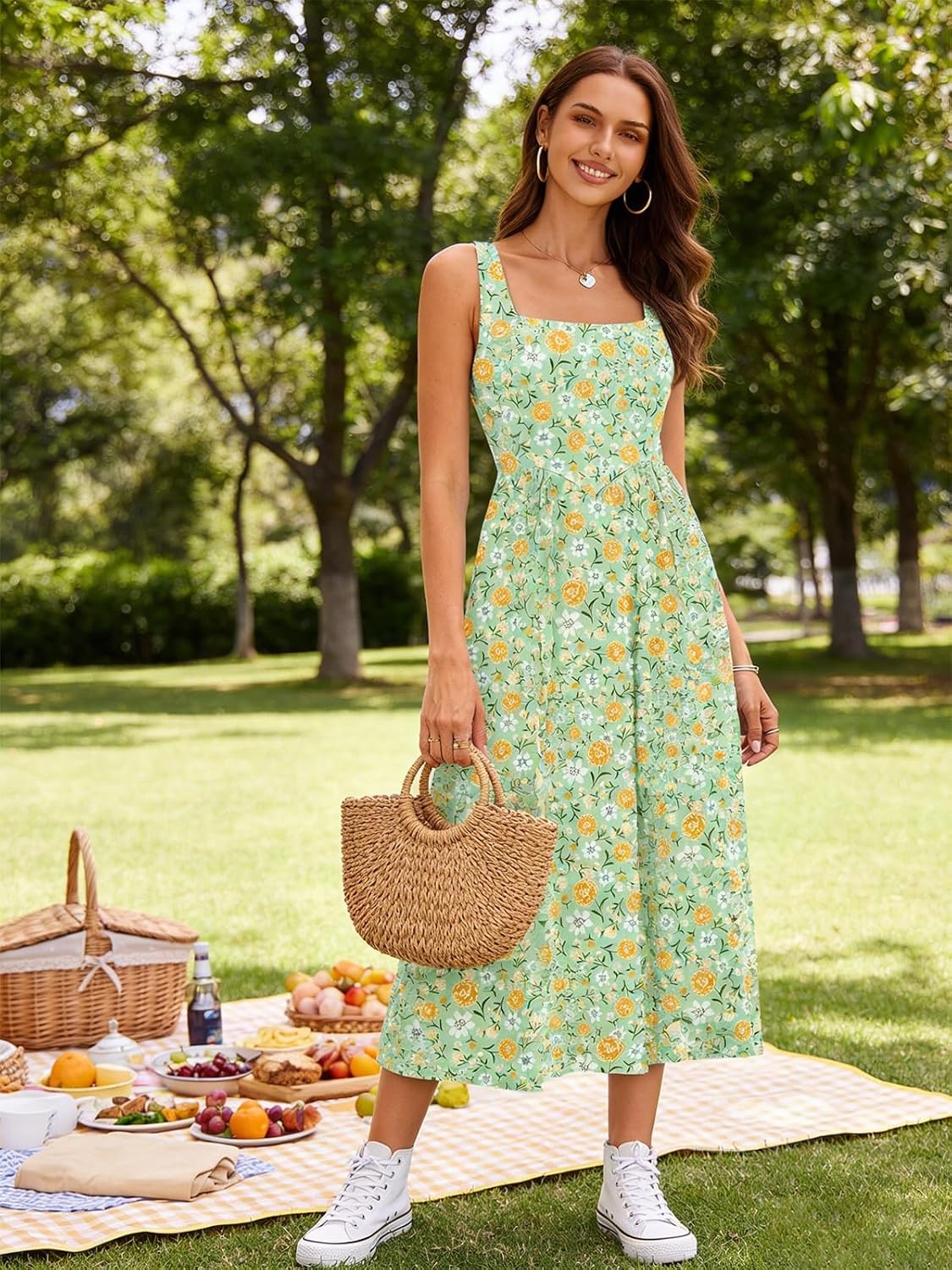 image:imageSureple Midi Dresses for Women 2026 Spring Square Neck Tank Sleeveless A Line Casual Summer Sundresses with PocketsBgreen Floral 07