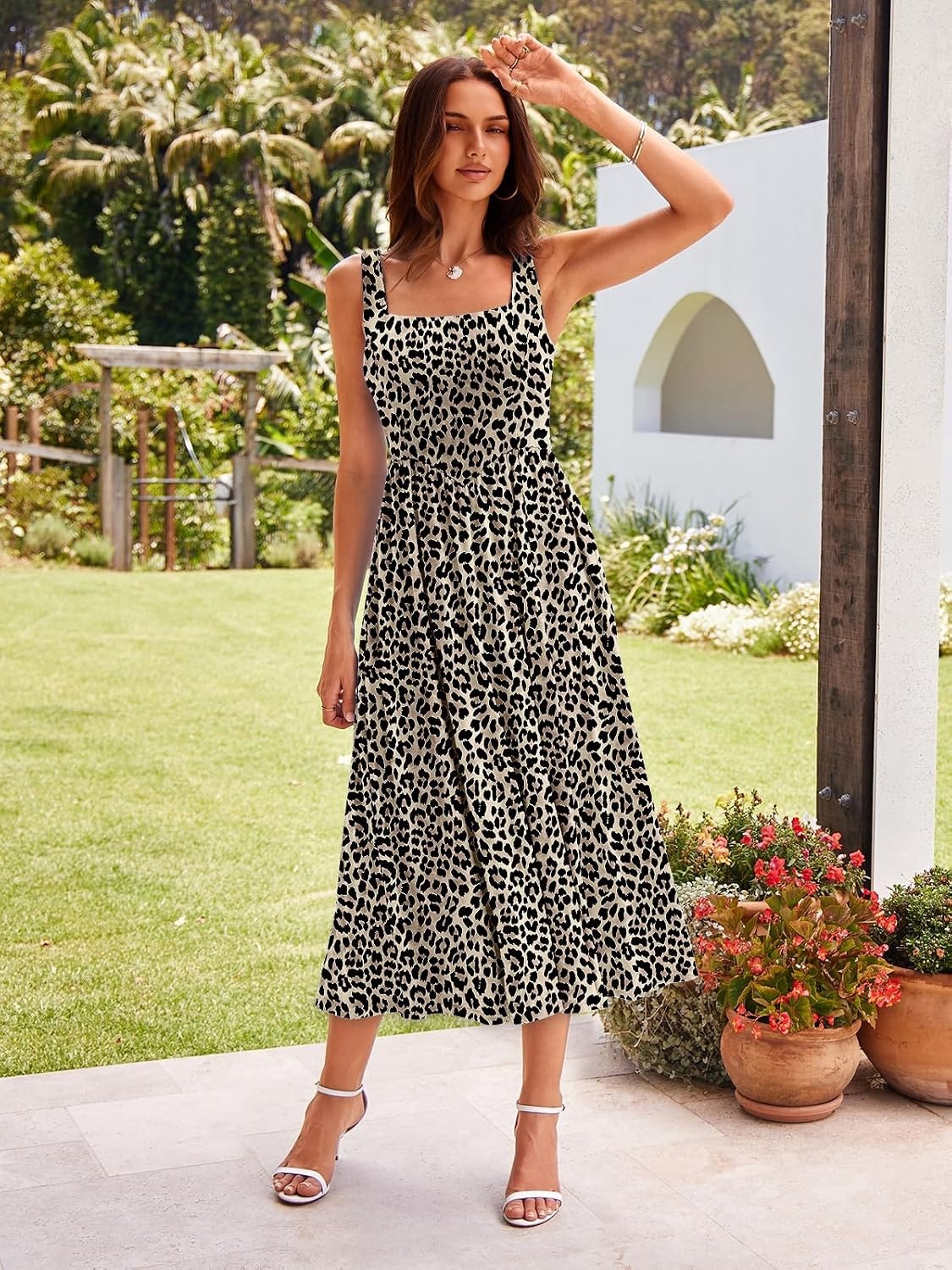 image:imageSureple Midi Dresses for Women 2026 Spring Square Neck Tank Sleeveless A Line Casual Summer Sundresses with PocketsBleopard