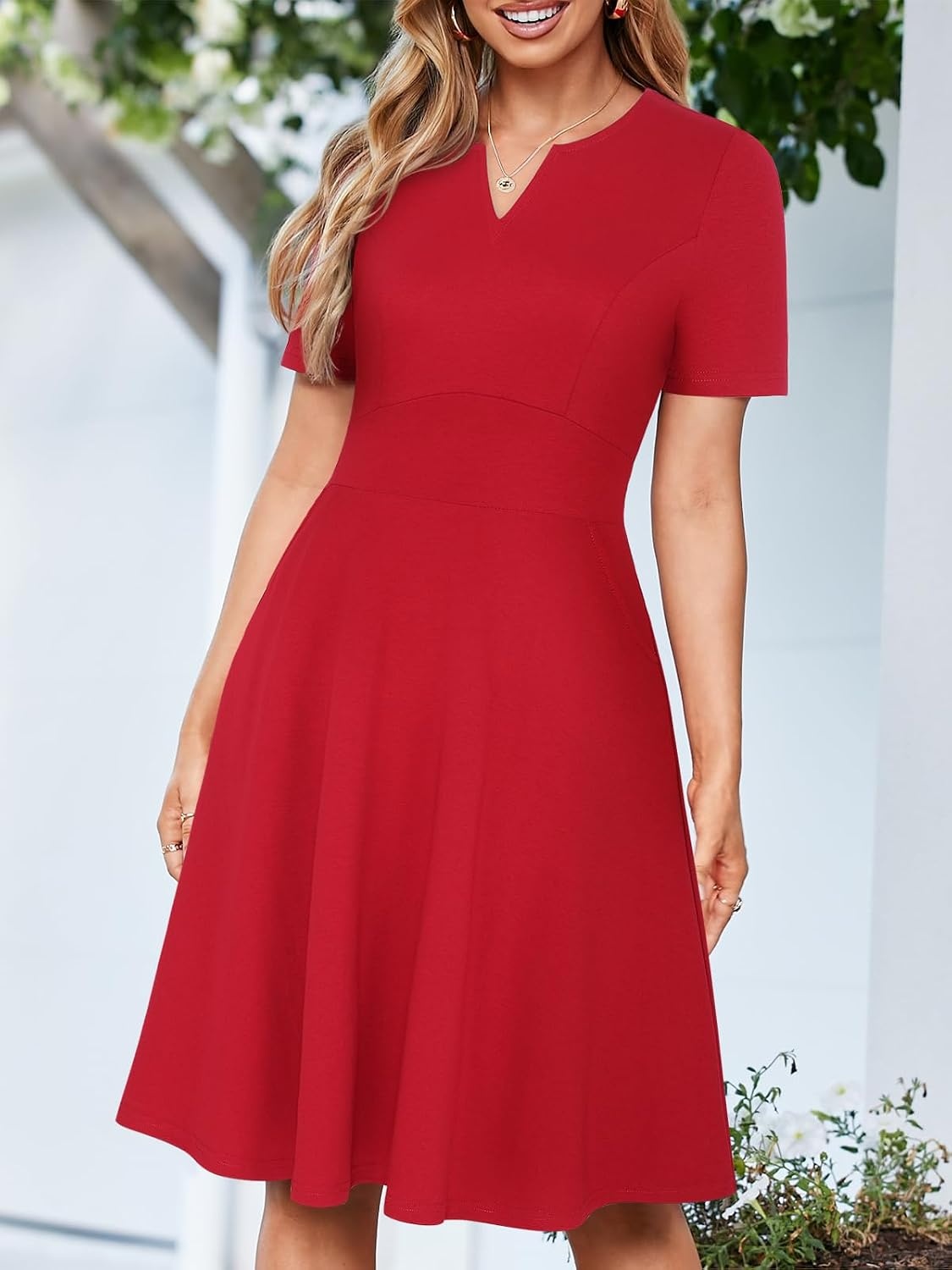 image:imageSureple Semi Formal Dresses for Women Wedding Guest Summer V Neck Short Sleeve Fit and Flare Knee Length Dress with PocketsAburgundy