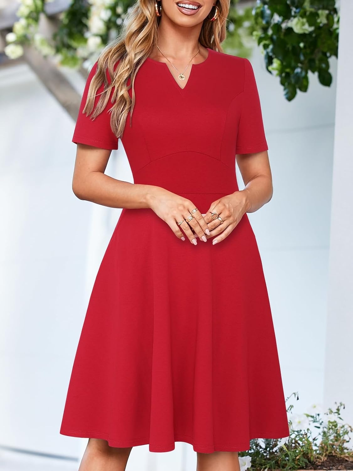 image:imageSureple Semi Formal Dresses for Women Wedding Guest Summer V Neck Short Sleeve Fit and Flare Knee Length Dress with PocketsAburgundy