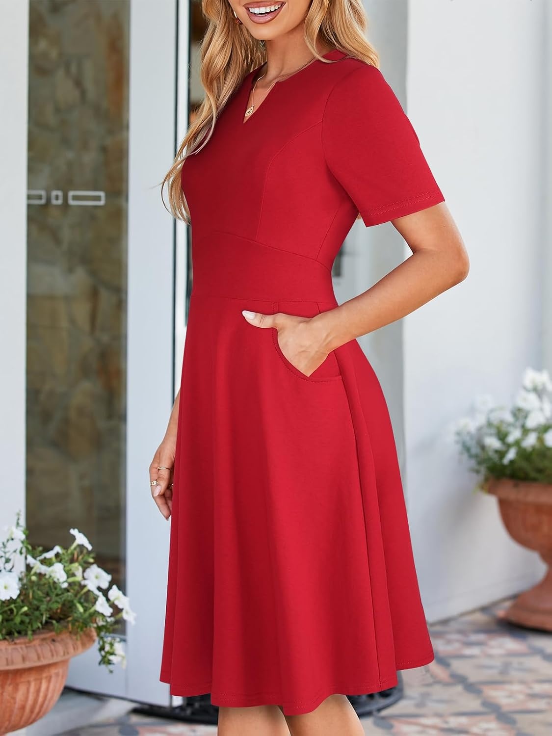 image:imageSureple Semi Formal Dresses for Women Wedding Guest Summer V Neck Short Sleeve Fit and Flare Knee Length Dress with PocketsAburgundy