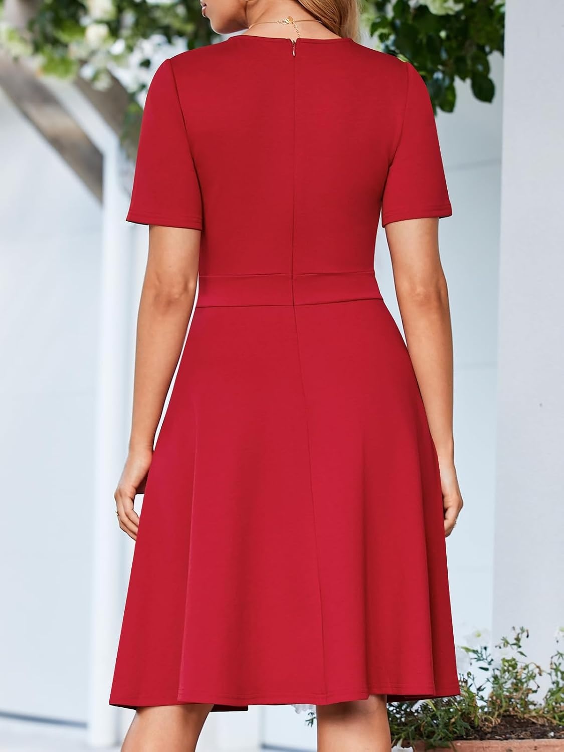 image:imageSureple Semi Formal Dresses for Women Wedding Guest Summer V Neck Short Sleeve Fit and Flare Knee Length Dress with PocketsAburgundy