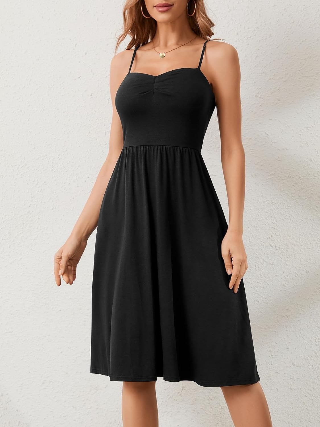 image:imageSureple Summer Dresses for Women 2025 Casual SweetheartNeck Empire Waist Swing Aline Spaghetti Strap Dress with PocketsAblack