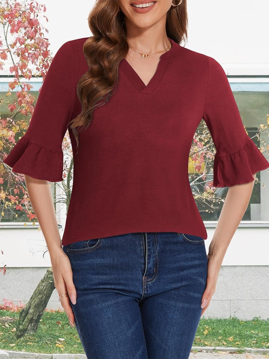 image:imageSureple V Neck 34 Length Bell Sleeve Tops for Women Causal Loose Fit Tunic Blouses
