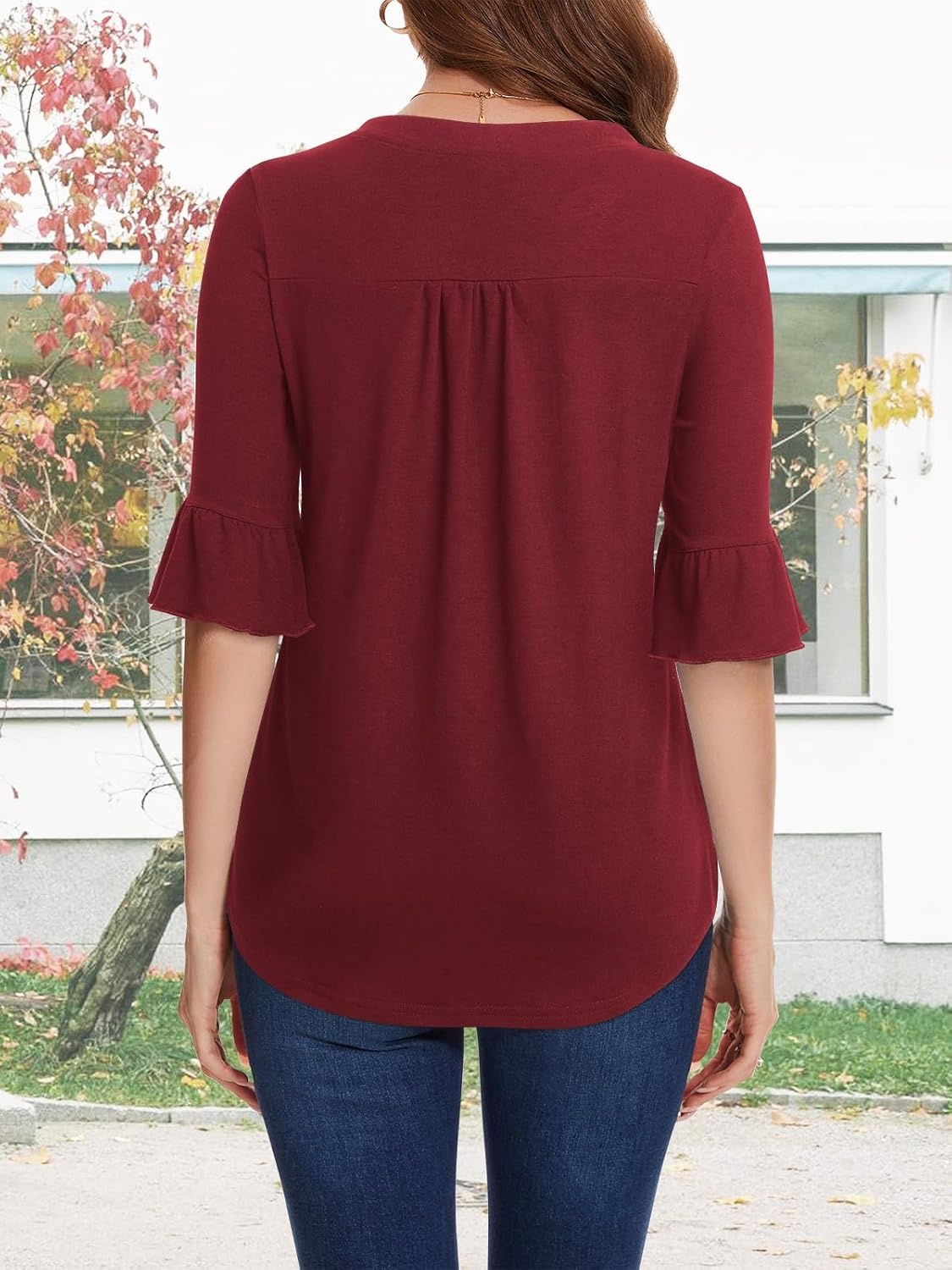 image:imageSureple V Neck 34 Length Bell Sleeve Tops for Women Causal Loose Fit Tunic Blouses
