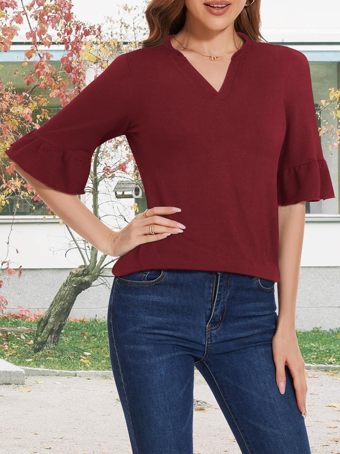 image:imageSureple V Neck 34 Length Bell Sleeve Tops for Women Causal Loose Fit Tunic Blouses