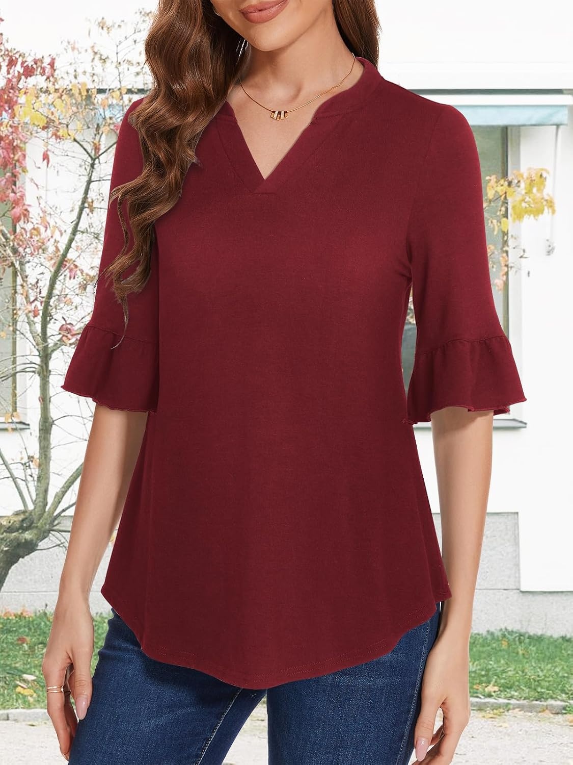 image:imageSureple V Neck 34 Length Bell Sleeve Tops for Women Causal Loose Fit Tunic Blouses