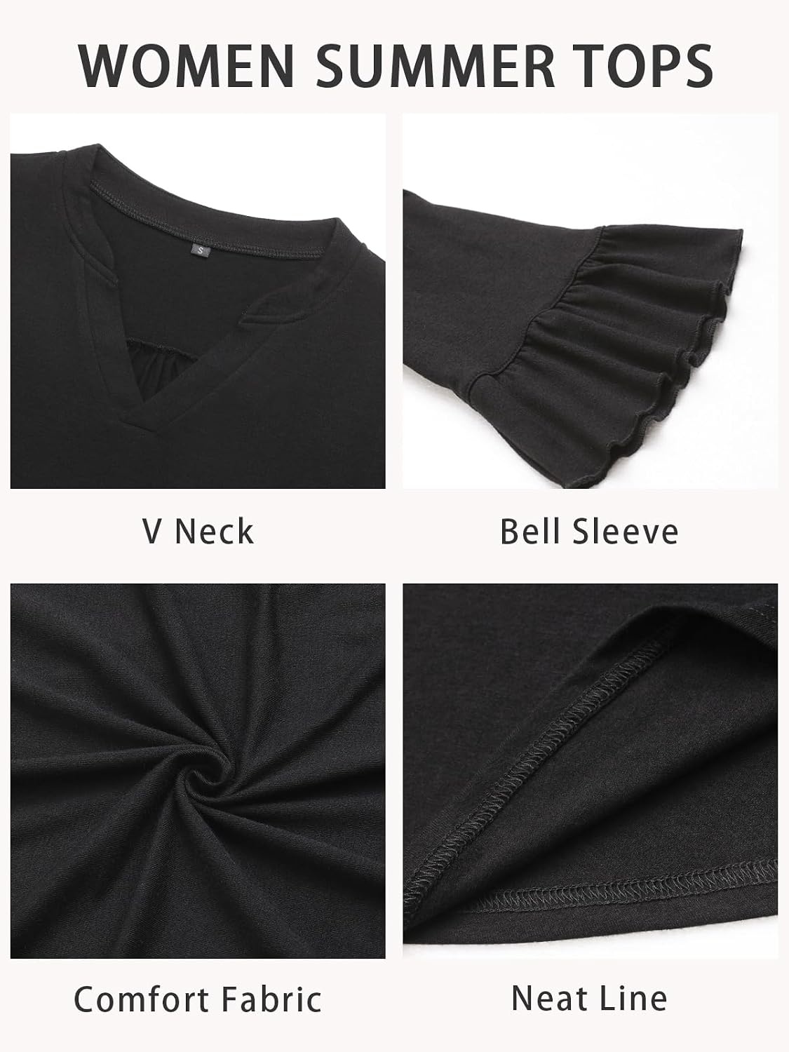 image:imageSureple V Neck 34 Length Bell Sleeve Tops for Women Causal Loose Fit Tunic Blouses