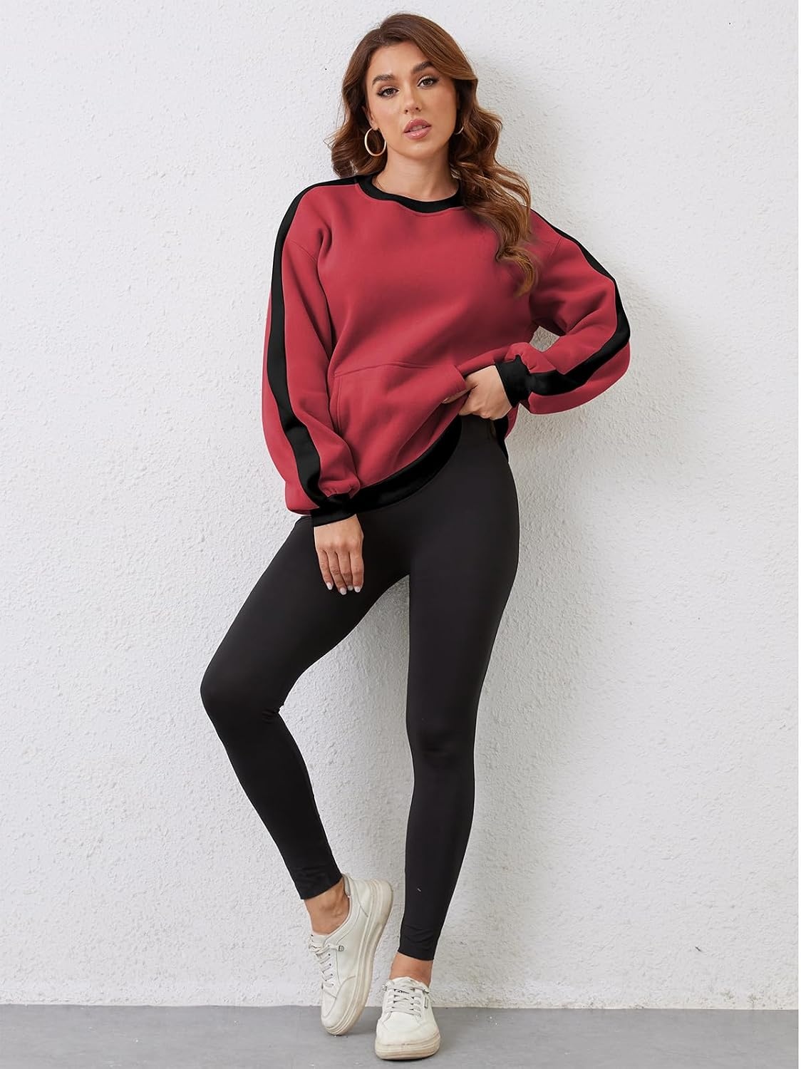 image:imageSureple WomenS Fleece Sweatshirts Color Block Ribbed Crewneck Long Sleeve Pullover Tops Fall Winter Clothing With PocketsBburgundy Black