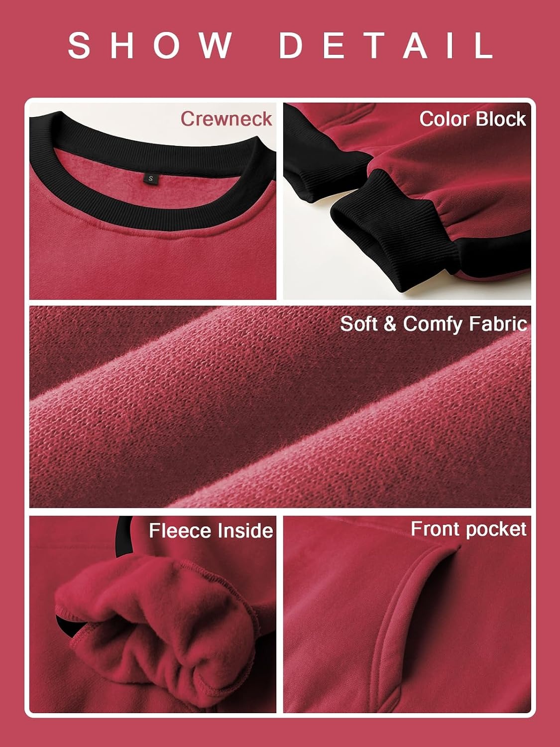 image:imageSureple WomenS Fleece Sweatshirts Color Block Ribbed Crewneck Long Sleeve Pullover Tops Fall Winter Clothing With PocketsBburgundy Black