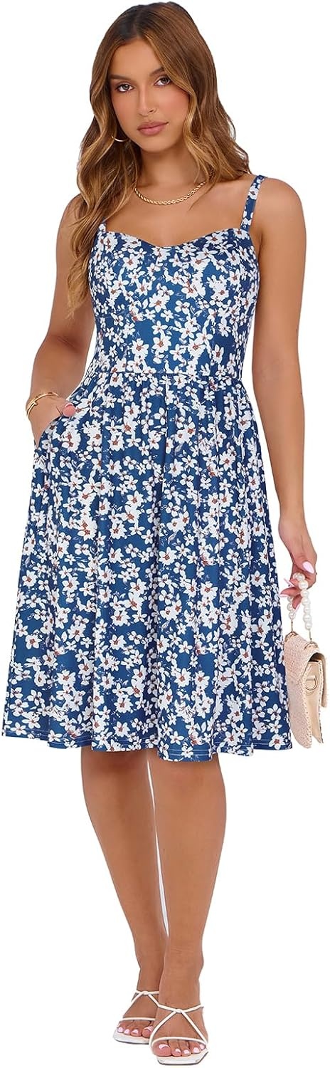image:imageSureple Womens Corset Summer Casual Dresses Spaghetti Strap Knee Length Sleeveless Swing Aline Sundress with PocketsBblue White F 06
