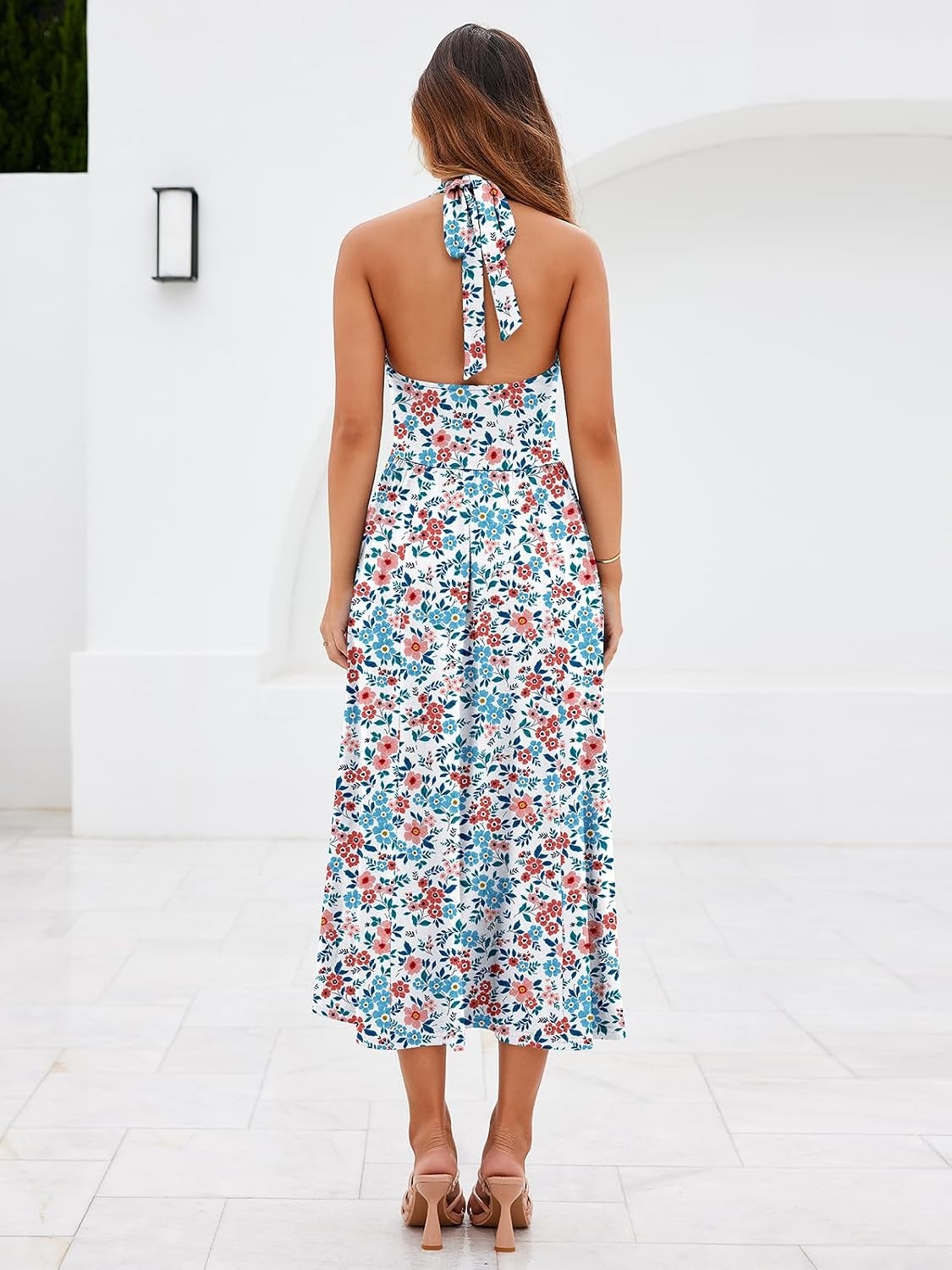 image:imageSureple Womens V Neck Midi Dresses with Pockets Sleeveless Twist Waist Pleated Aline Flowy Beach Holiday DressesBwhite Floral 02