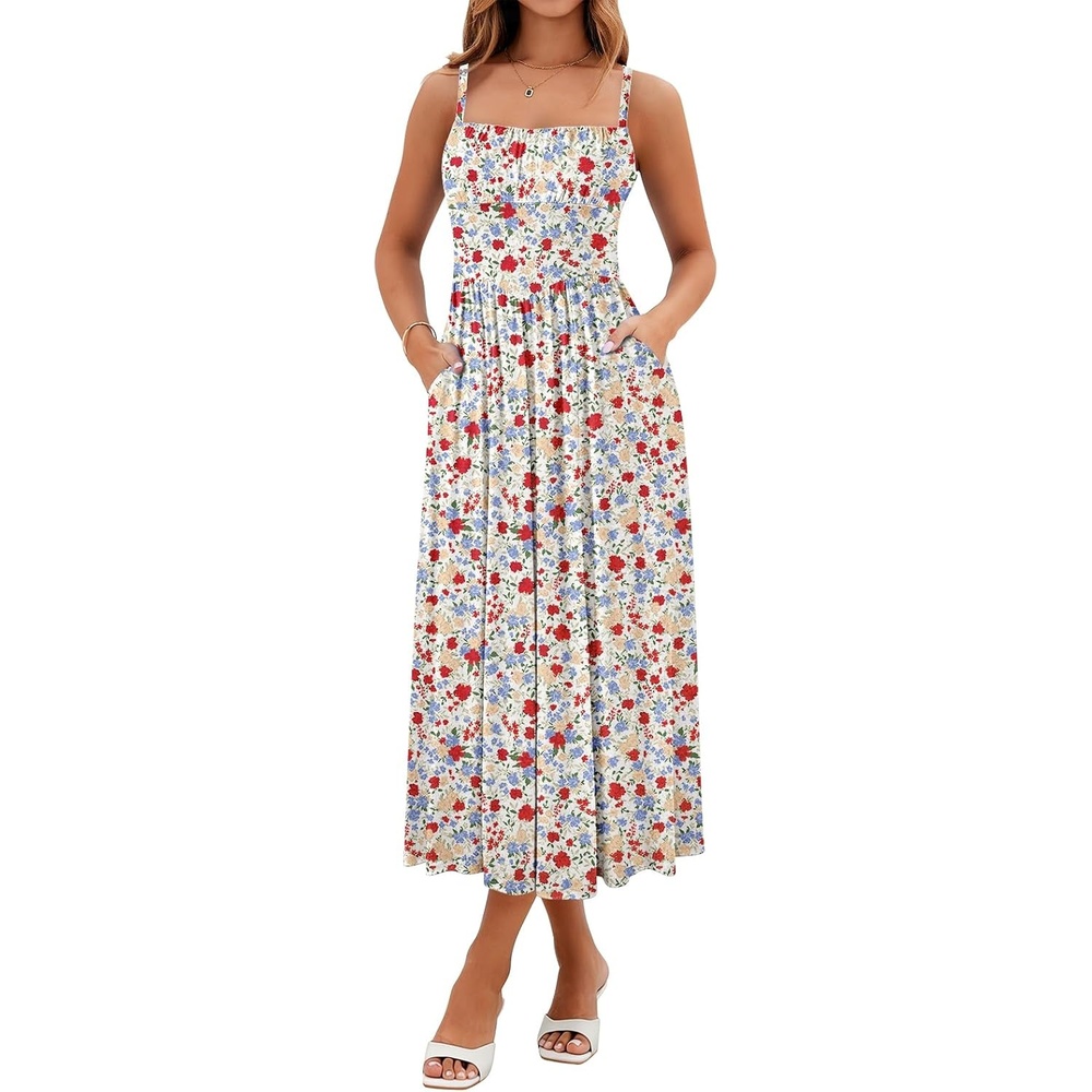 image:imageSureple Long Dresses for Women 2026 Sleeveless Ruched Bust Swing Aline Fitted Spaghetti Strap Sundress with PocketsBblue Red F 01