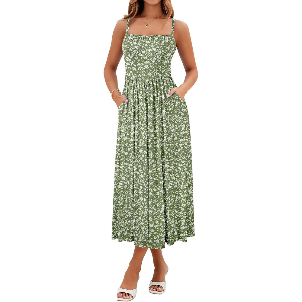 image:imageSureple Long Dresses for Women 2026 Sleeveless Ruched Bust Swing Aline Fitted Spaghetti Strap Sundress with PocketsBgreen Floral 04