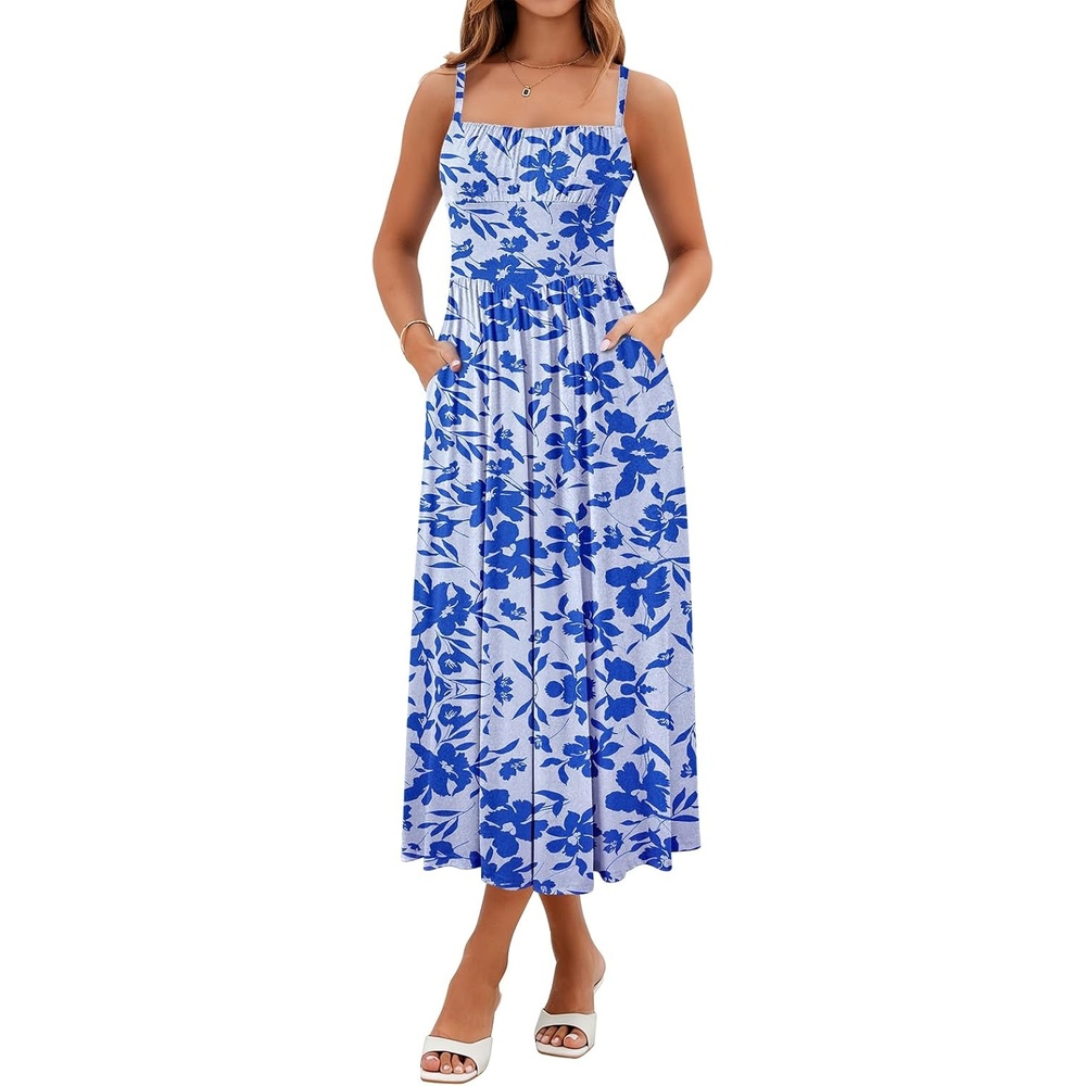 image:imageSureple Long Dresses for Women 2026 Sleeveless Ruched Bust Swing Aline Fitted Spaghetti Strap Sundress with PocketsBlight Blue F 05