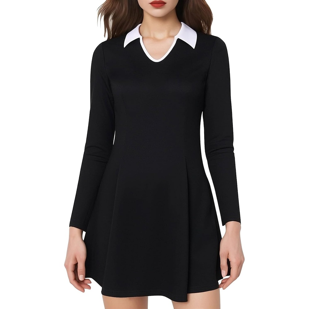 image:imageSureple Long Sleeve Dress for Women Fall 2025 Lapel Collared Neck Mini Short Fit and Flare ALine Casual DressesAblack