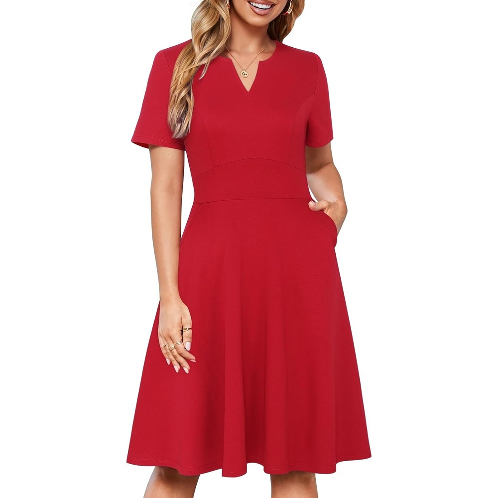 image:imageSureple Semi Formal Dresses for Women Wedding Guest Summer V Neck Short Sleeve Fit and Flare Knee Length Dress with PocketsAburgundy