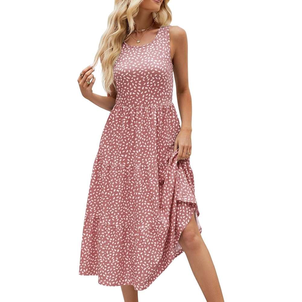image:imageSureple Spring Round Neck T Shirt Dress for Women Short Sleeve Midi LengthSwing Tiered Bobydoll Dresses with PocketsBdusty Pink F 01