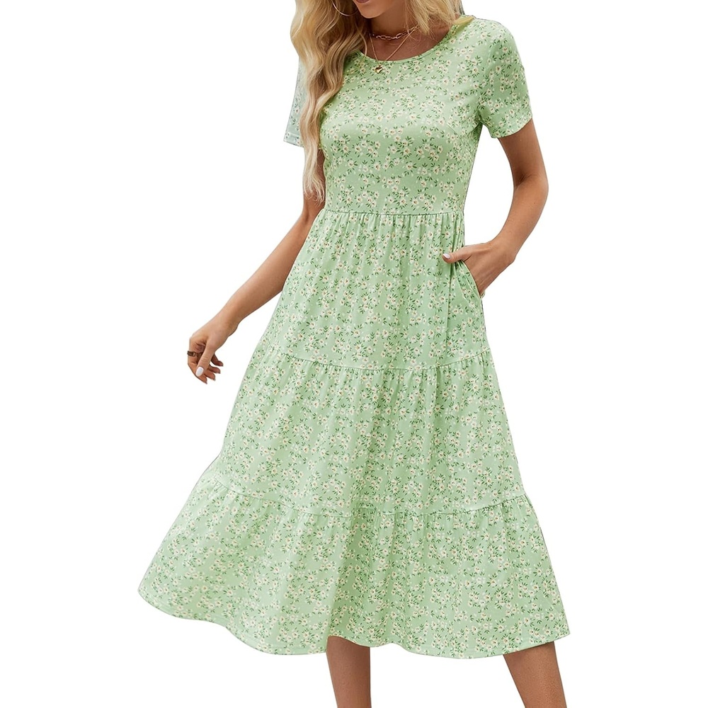 image:imageSureple Spring Round Neck T Shirt Dress for Women Short Sleeve Midi LengthSwing Tiered Bobydoll Dresses with PocketsBgreen Flo 02