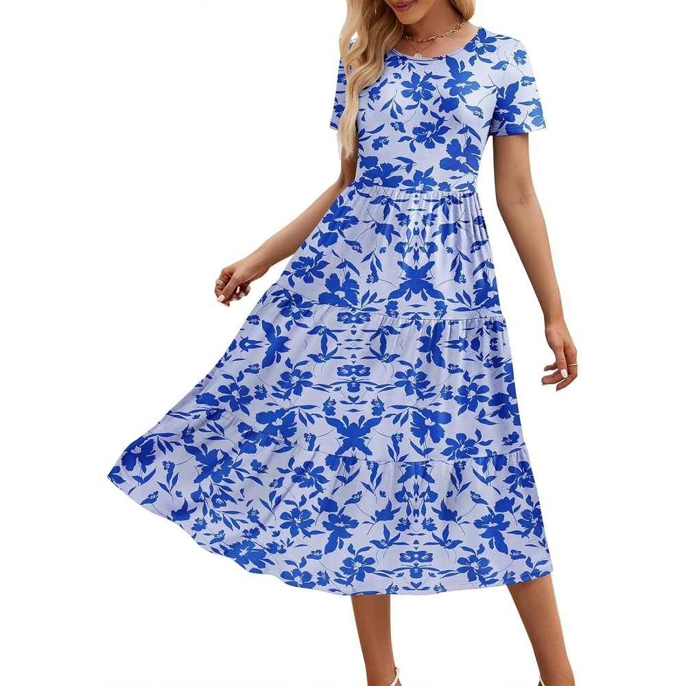 image:imageSureple Spring Round Neck T Shirt Dress for Women Short Sleeve Midi LengthSwing Tiered Bobydoll Dresses with PocketsBlight Blue F 05