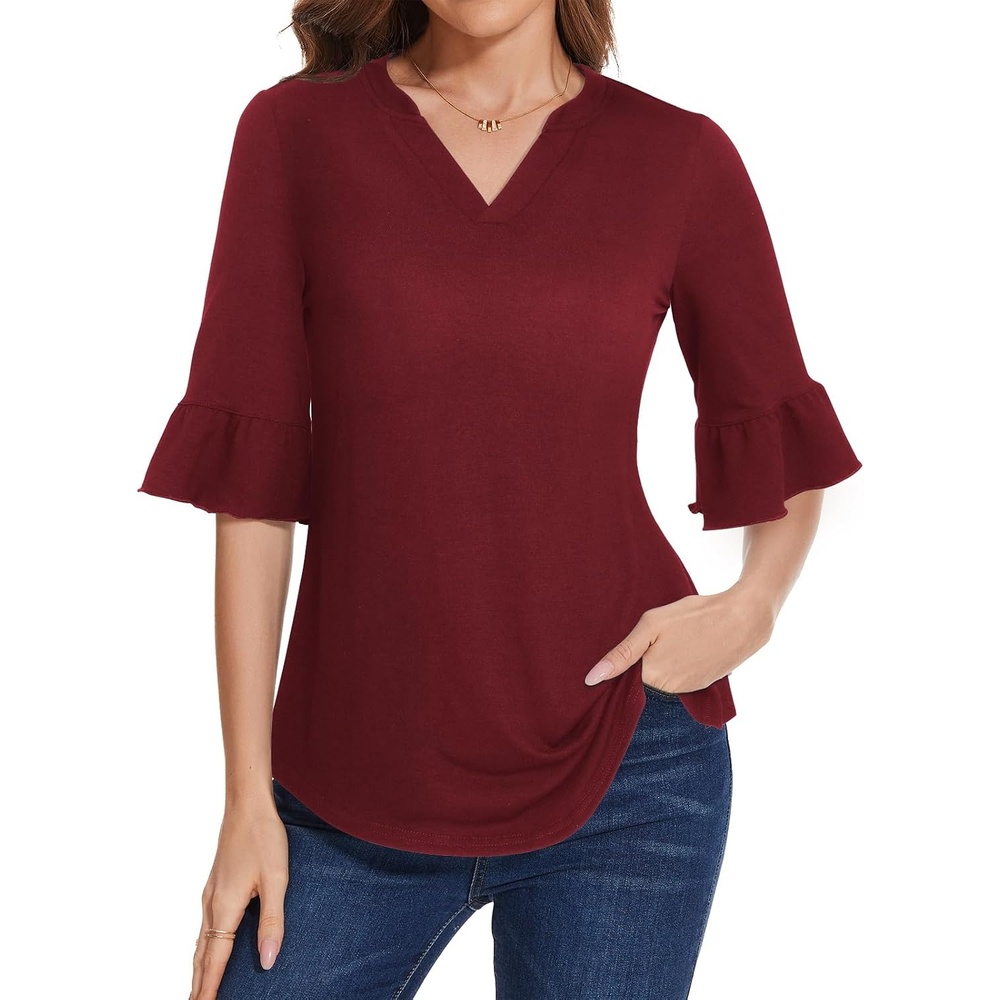 image:imageSureple V Neck 34 Length Bell Sleeve Tops for Women Causal Loose Fit Tunic Blouses