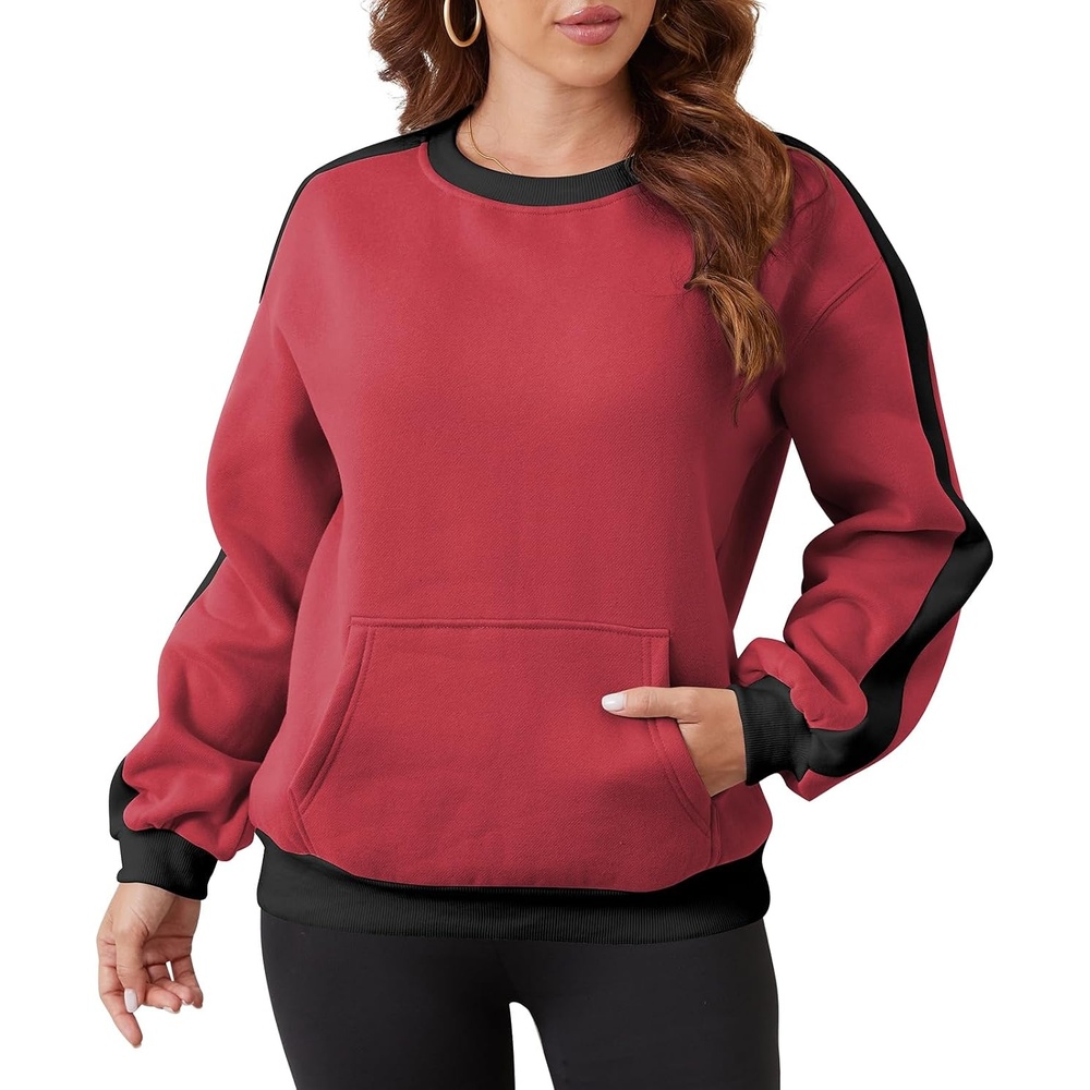image:imageSureple WomenS Fleece Sweatshirts Color Block Ribbed Crewneck Long Sleeve Pullover Tops Fall Winter Clothing With PocketsBburgundy Black