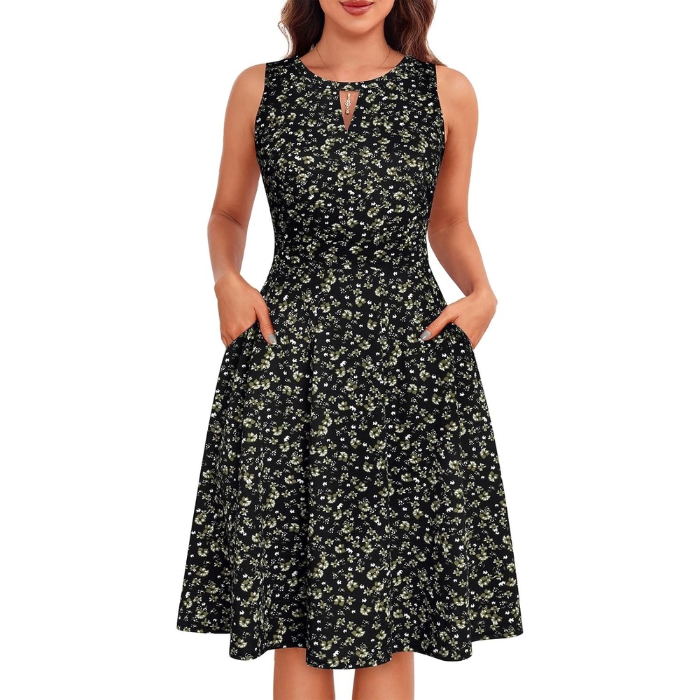 image:imageSureple Womens Retro Sleeveless Swing Casual Work Summer Party Dress with PocketsBlack Yellow Fl
