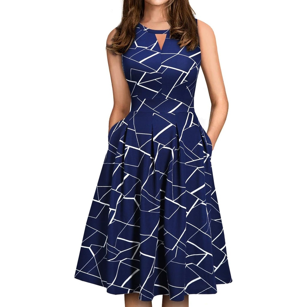 image:imageSureple Womens Retro Sleeveless Swing Casual Work Summer Party Dress with PocketsBlue W Stripe
