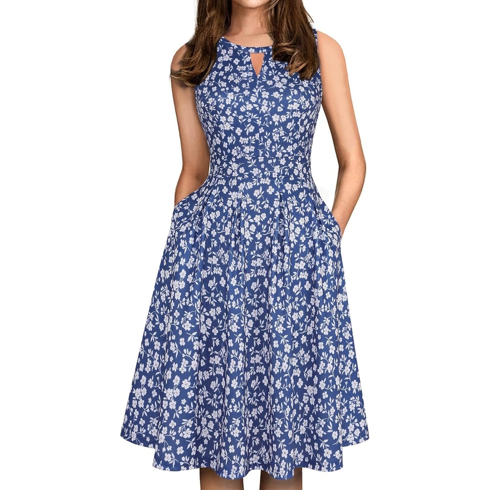 image:imageSureple Womens Retro Sleeveless Swing Casual Work Summer Party Dress with PocketsBnavy Floral 11