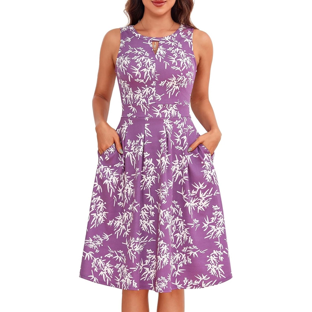 image:imageSureple Womens Retro Sleeveless Swing Casual Work Summer Party Dress with PocketsPurple Leaf