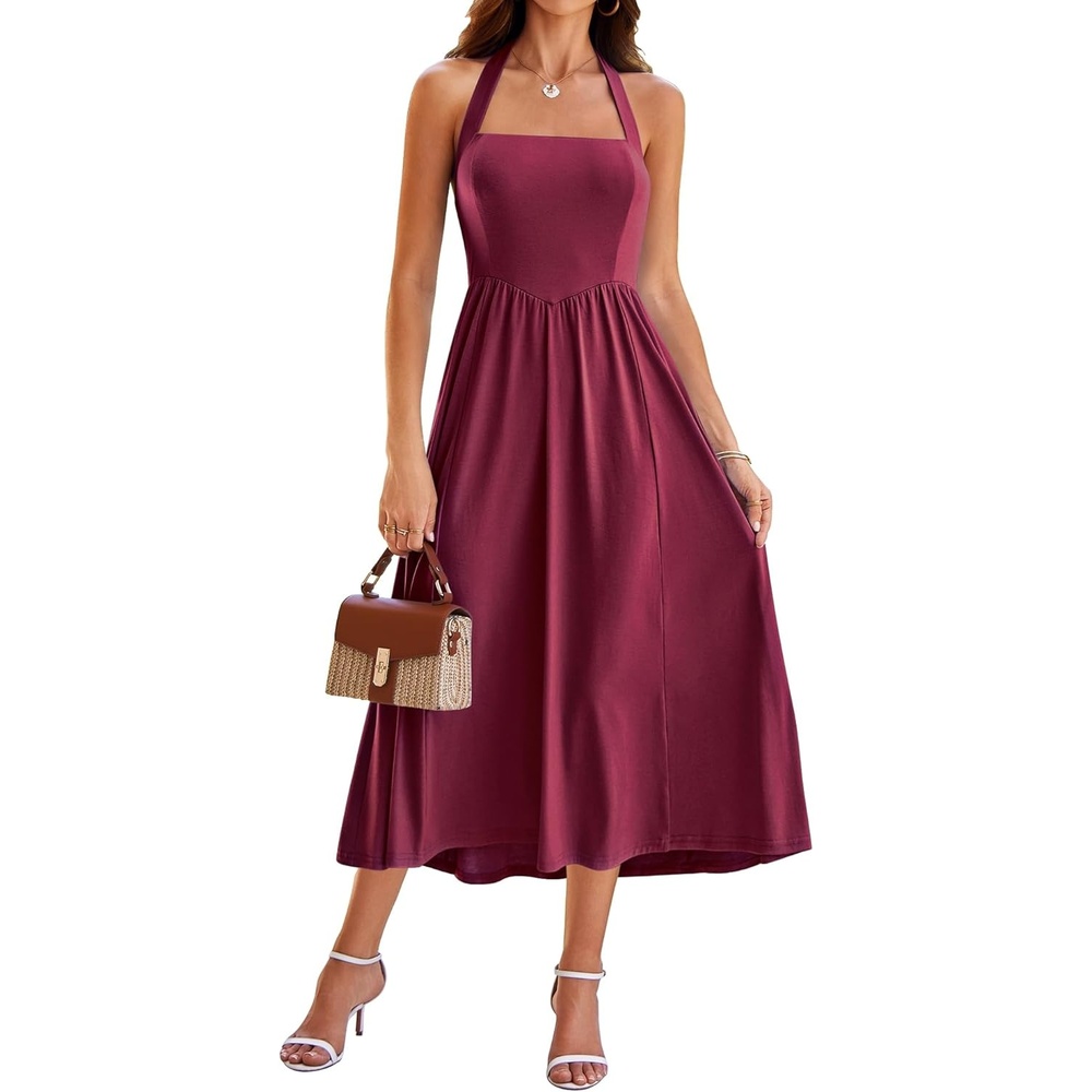 image:imageSureple Womens Summer Halter Midi Dress with Pockets Sleeveless Drop Waist Swing Aline Flowy Beach Sun DressesAburgundy