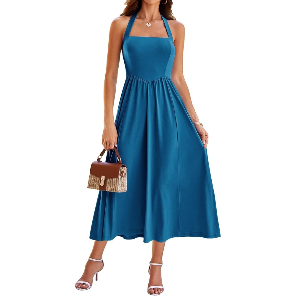image:imageSureple Womens Summer Halter Midi Dress with Pockets Sleeveless Drop Waist Swing Aline Flowy Beach Sun DressesAteal