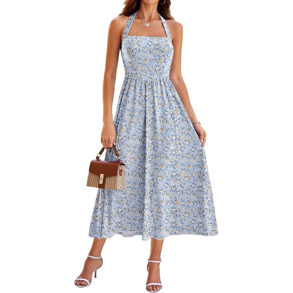 image:imageSureple Womens Summer Halter Midi Dress with Pockets Sleeveless Drop Waist Swing Aline Flowy Beach Sun DressesBblue White F 08