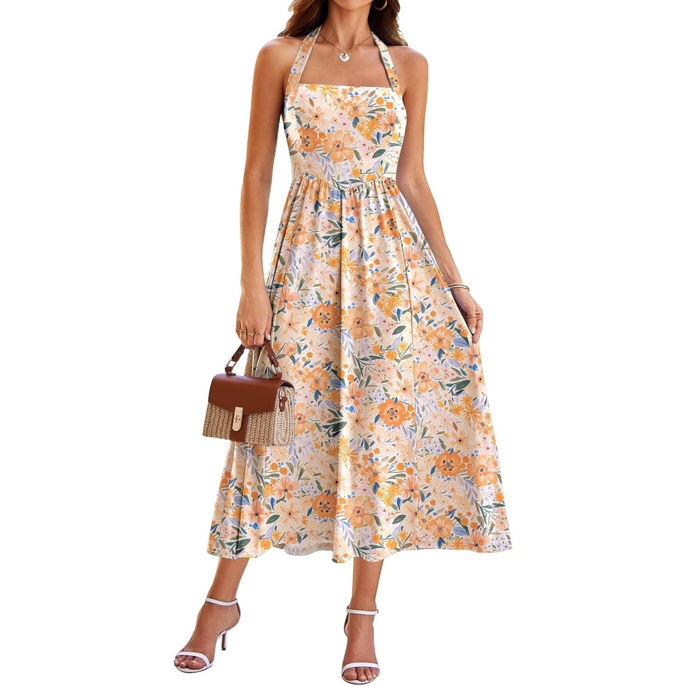 image:imageSureple Womens Summer Halter Midi Dress with Pockets Sleeveless Drop Waist Swing Aline Flowy Beach Sun DressesByellow Floral 06