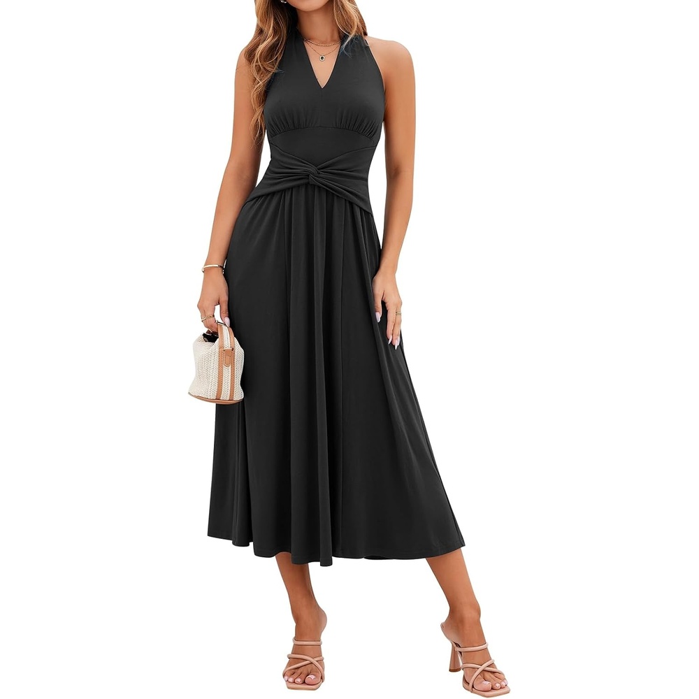 image:imageSureple Womens V Neck Midi Dresses with Pockets Sleeveless Twist Waist Pleated Aline Flowy Beach Holiday DressesAblack