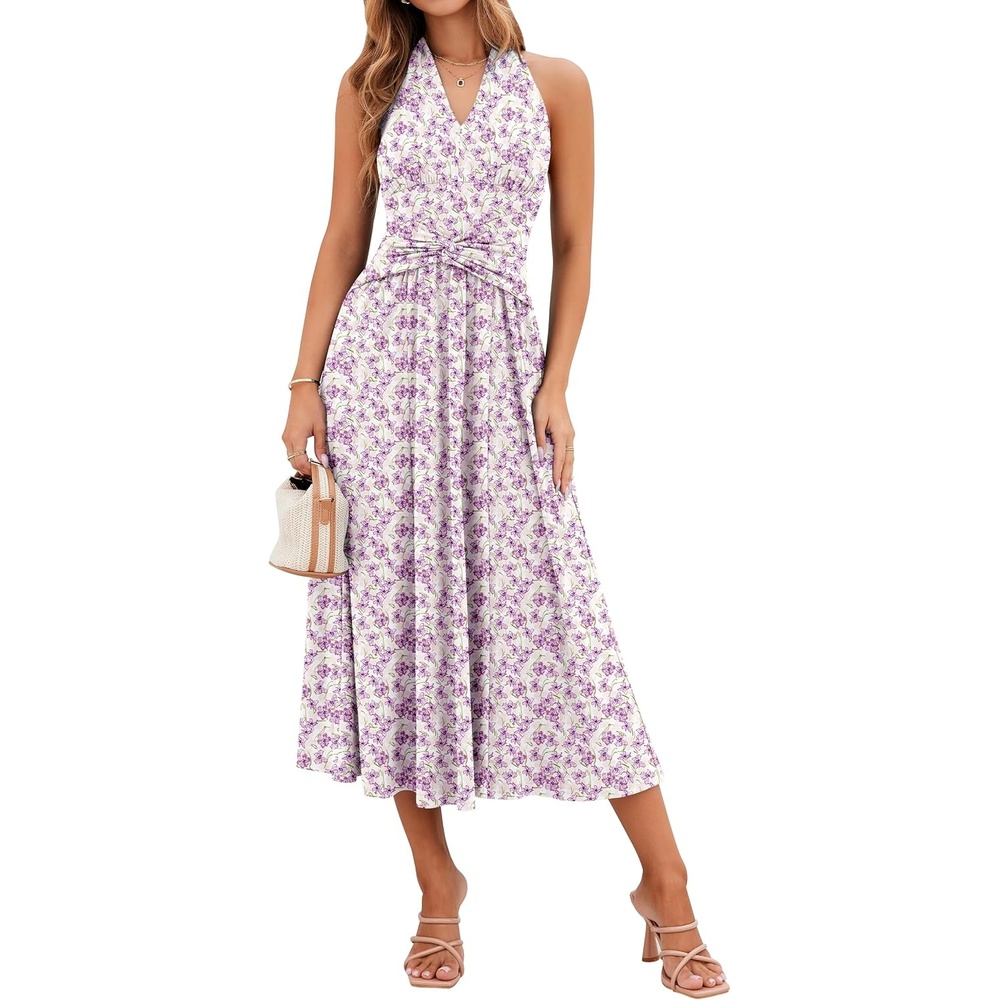 image:imageSureple Womens V Neck Midi Dresses with Pockets Sleeveless Twist Waist Pleated Aline Flowy Beach Holiday DressesBpurple Floral 06