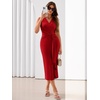 Sureple Bodycon Midi Dress for Women Party Sleeveless V-Neck Wrap Knotted Waist Ruffles Slit Wedding Guest Dresses(A-red)