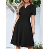Sureple Semi Formal Dresses for Women Wedding Guest Summer V Neck Short Sleeve Fit and Flare Knee Length Dress with Pockets(A-black)