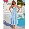 Sureple Sundresses for Women Maxi Tied Neck Spaghetti Straps Pleated Ruffles Casual Summer Midi Dress with Pockets(B-blue White F 09)