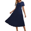 Sureple Spring Round Neck T Shirt Dress for Women Short Sleeve Midi Length,Swing Tiered Bobydoll Dresses with Pockets(A-navy)