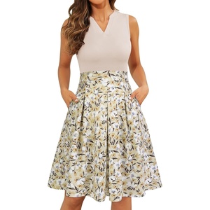 Sureple Fit and Flare Summer Dress for Women Casual for Church Knee Length Swing Sleeveless Dress with Pockets(P-beige White F P3)