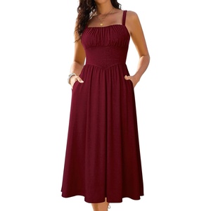 Sureple Long Dresses for Women 2026 Sleeveless Ruched Bust Swing Aline Fitted Spaghetti Strap Sundress with Pockets(A-burgundy)