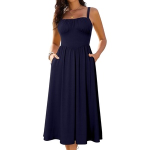 Sureple Long Dresses for Women 2026 Sleeveless Ruched Bust Swing Aline Fitted Spaghetti Strap Sundress with Pockets(A-navy)