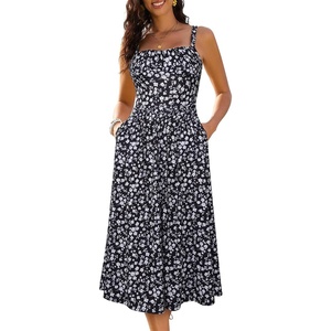 Sureple Long Dresses for Women 2026 Sleeveless Ruched Bust Swing Aline Fitted Spaghetti Strap Sundress with Pockets(B-black Floral 04)