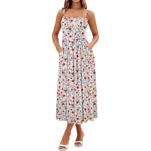 Sureple Long Dresses for Women 2026 Sleeveless Ruched Bust Swing Aline Fitted Spaghetti Strap Sundress with Pockets(B-blue Red F 01)