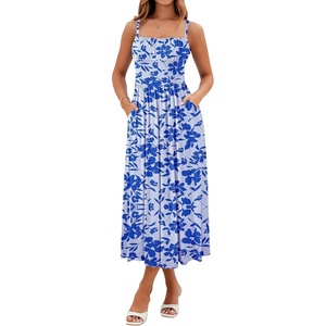 Sureple Long Dresses for Women 2026 Sleeveless Ruched Bust Swing Aline Fitted Spaghetti Strap Sundress with Pockets(B-light Blue F 05)