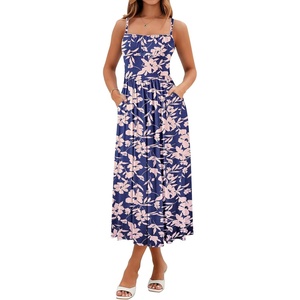 Sureple Long Dresses for Women 2026 Sleeveless Ruched Bust Swing Aline Fitted Spaghetti Strap Sundress with Pockets(B-navy Floral 04)